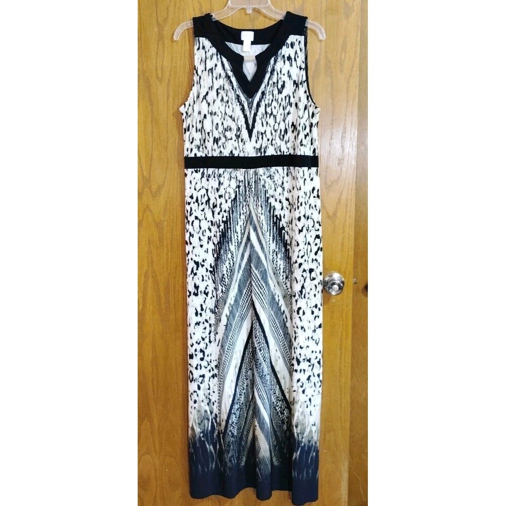 Chico's Sz 2 Long Maxi Dress Sleeveless Tank Black Ivory Stretch Jersey